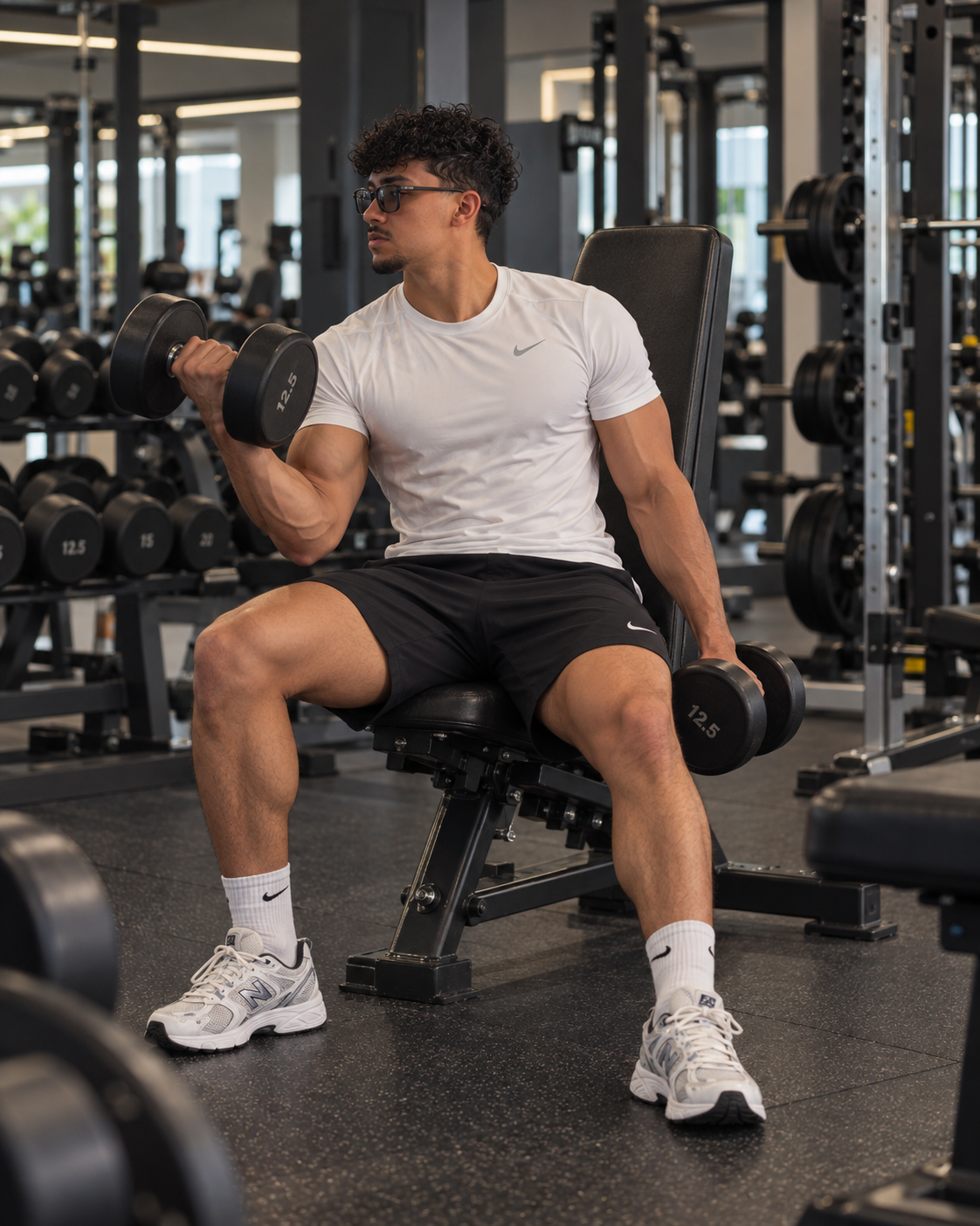 Ragazzo che si allena in palestra con manubri e abbigliamento sportivo.