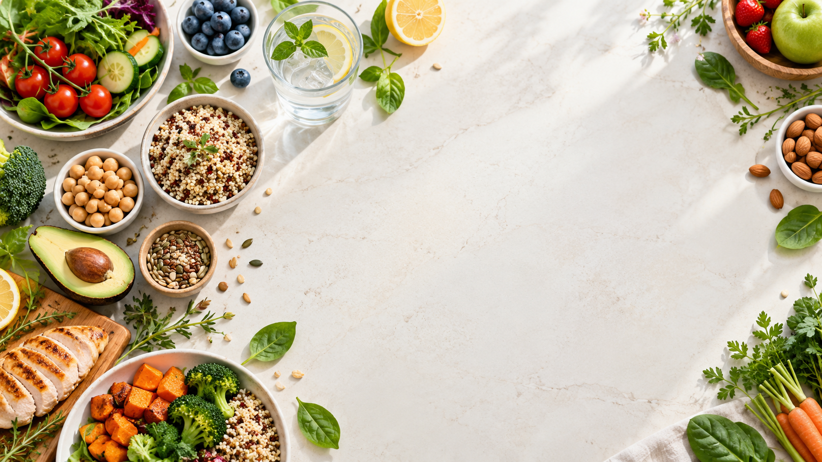 Composizione grafica con alimenti sani, acqua, frutta e spazio centrale pulito.
